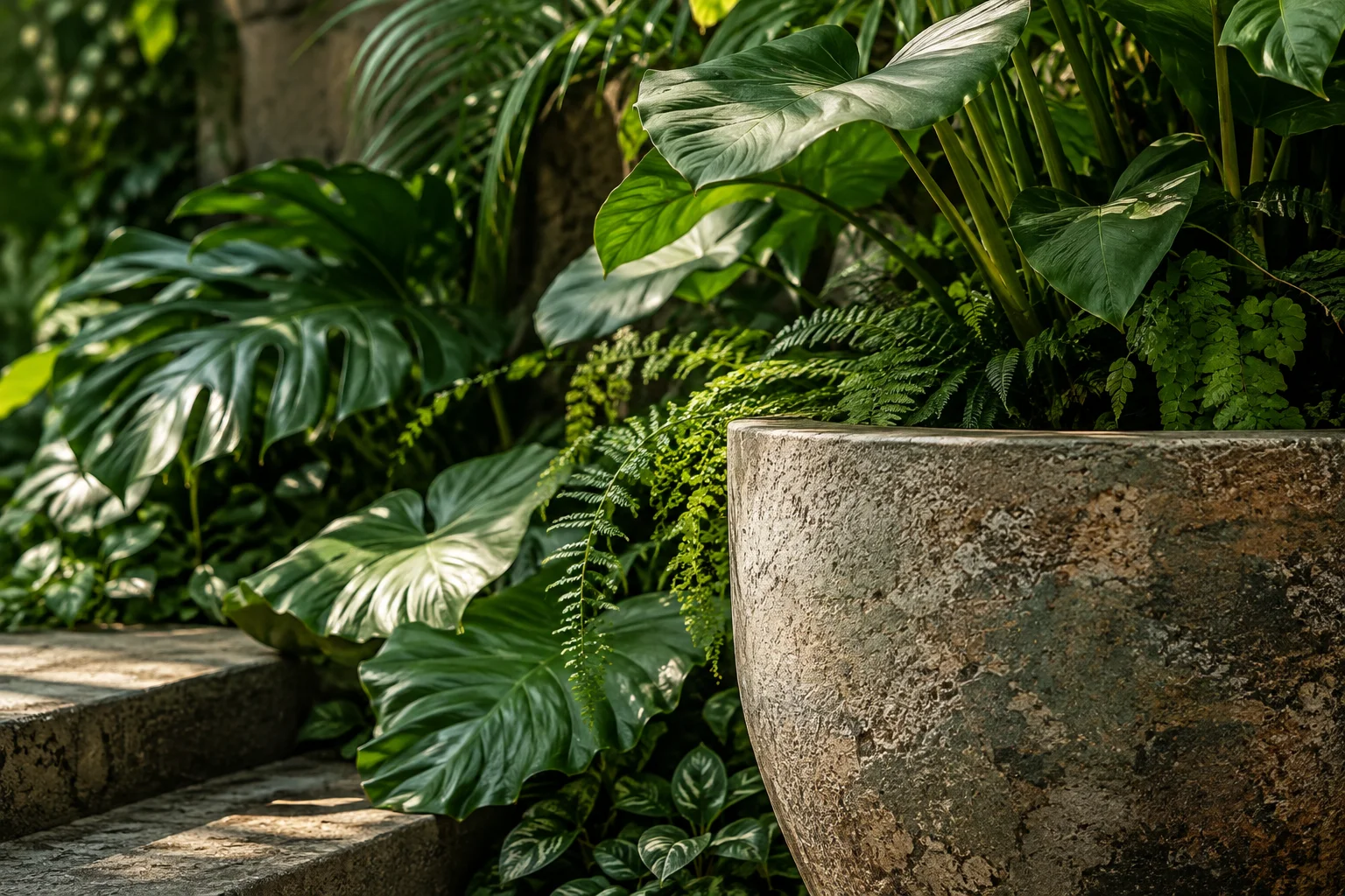 Close view of foliage beside terracotta garden materials Close view of foliage beside terracotta garden materials