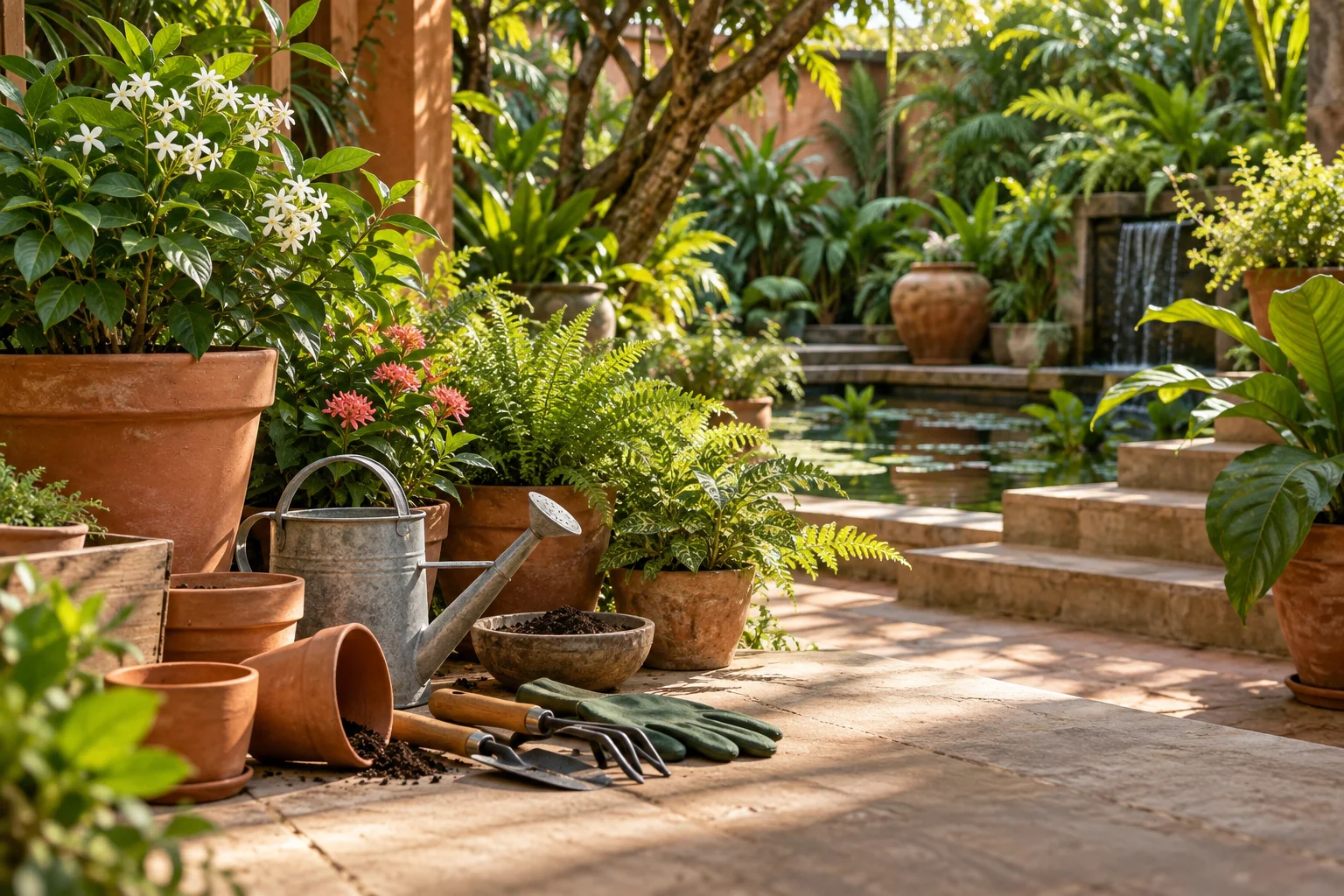 Quiet garden corner with a planted border and stone seat