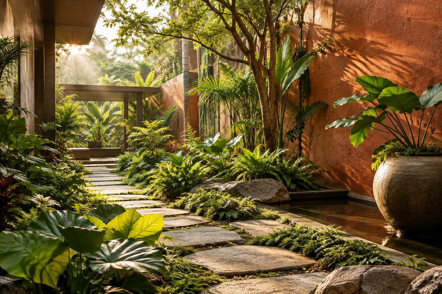 Lush tropical garden with a stone path and layered planting Lush tropical garden with a stone path and layered planting