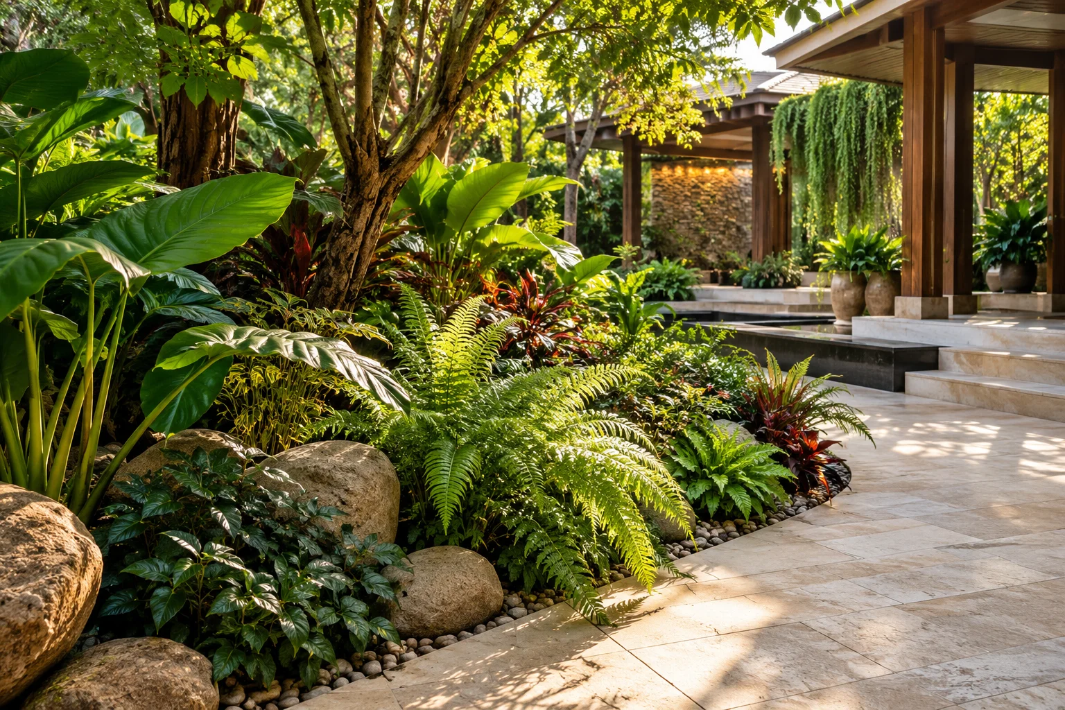 Layered tropical shade planting Layered tropical shade planting