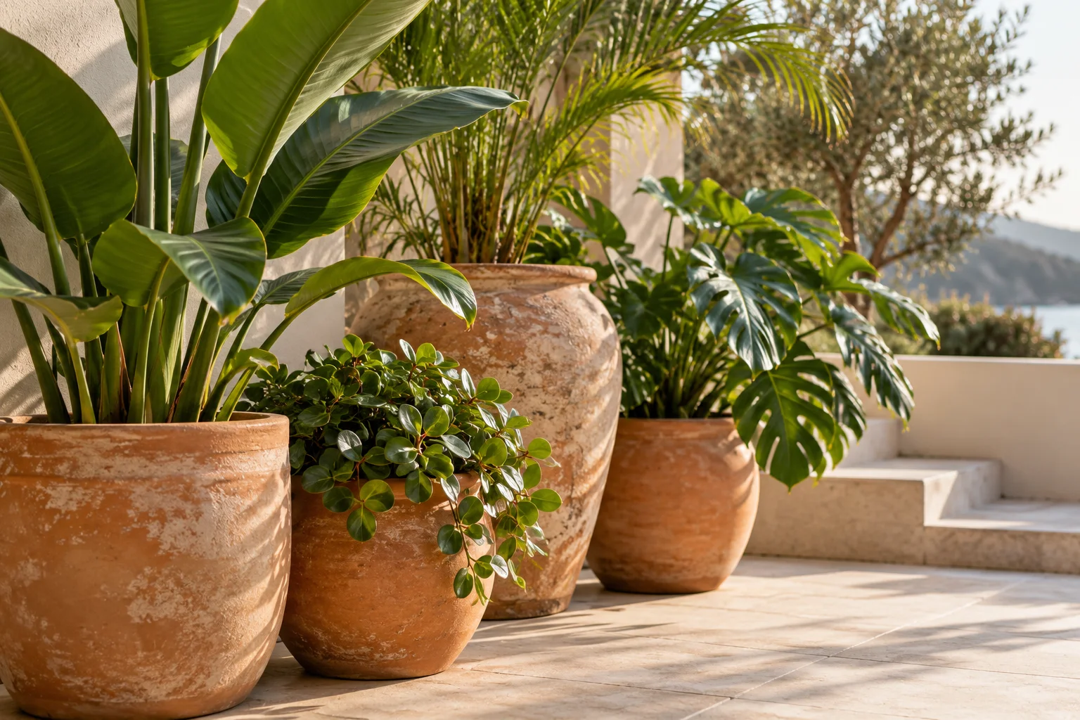 Tropical plants in terracotta containers Tropical plants in terracotta containers