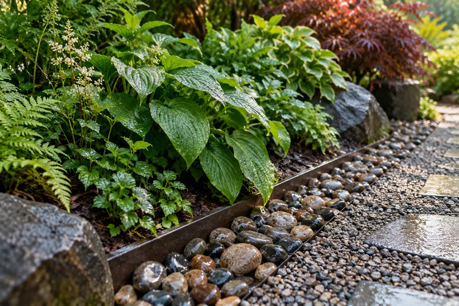 Garden edge and ground planting after rain Garden edge and ground planting after rain