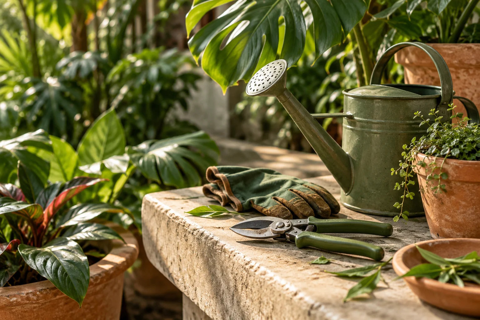 Garden care tools beside tropical plants Garden care tools beside tropical plants