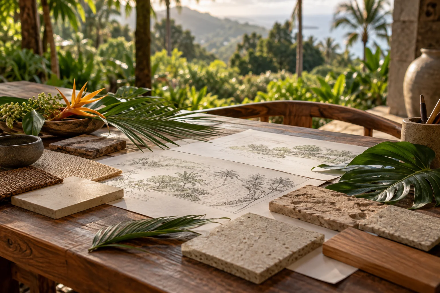 Outdoor seating framed by tropical planting